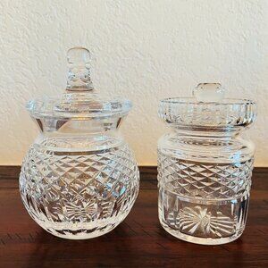 2 - Vintage Waterford Crystal Jam Jelly Honey Jars Lids Lismore Diamond Pattern